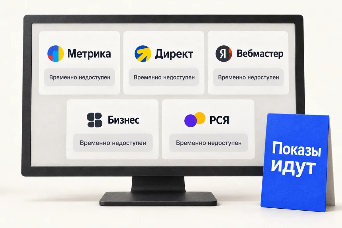 Пять карточек сервисов Яндекса со статусом «Временно недоступен» на мониторе и отдельная рекламная карточка с надписью «Показы идут».