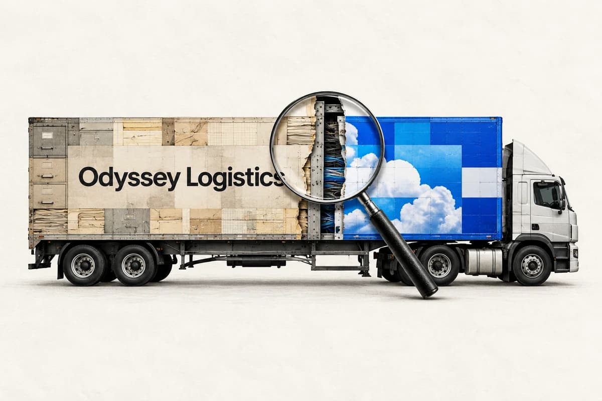 Грузовик Odyssey Logistics собран из слоёв устаревших программных форм и облачных модулей, а незавершённый стык рассматривают через увеличительное стекло.