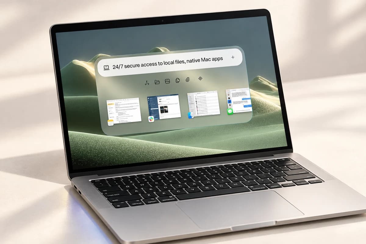 Серебристый MacBook с открытым интерфейсом Perplexity Computer для доступа к локальным файлам и приложениям Mac.