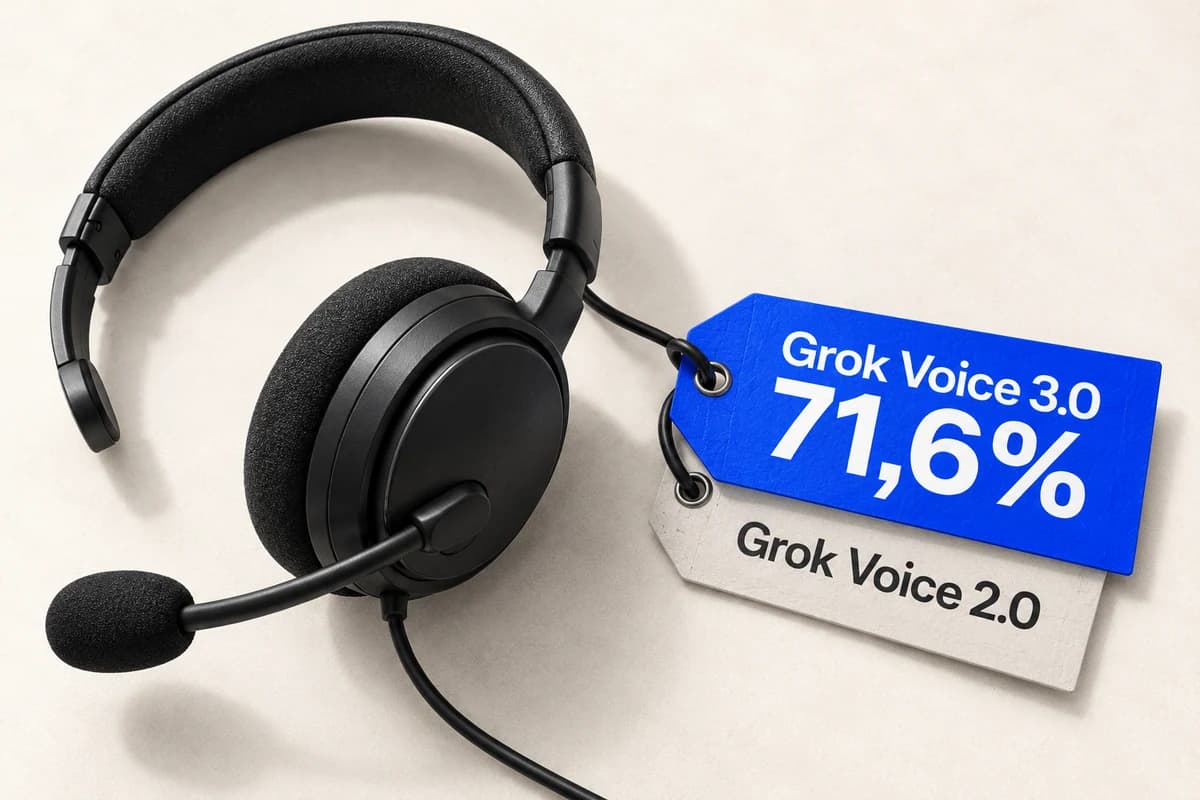 Чёрная операторская гарнитура с бирками Grok Voice 3.0, 71,6% и Grok Voice 2.0 на светлом столе.