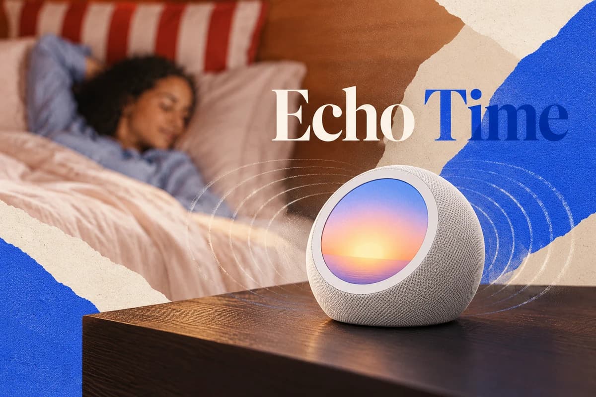 Будильник Echo Time без камеры стоит у кровати, а от его корпуса к спящему расходятся условные волны бесконтактного отслеживания сна.