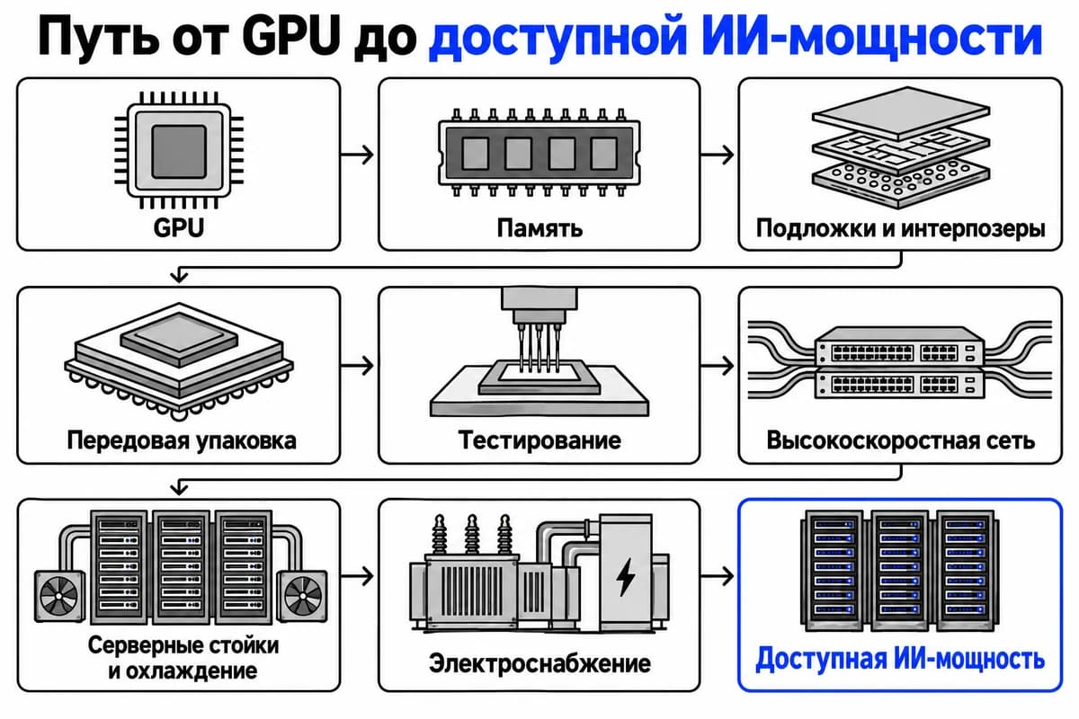 Цепочка показывает, почему одного GPU недостаточно: нужны память, подложки, упаковка, тестирование, сеть, стойки, охлаждение и электроснабжение.