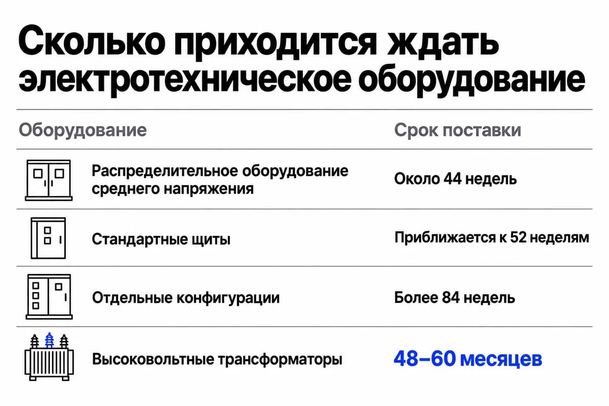 Сроки поставки: около 44 недель для оборудования среднего напряжения, почти 52 недели для стандартных щитов, более 84 недель для отдельных конфигураций и 48–60 месяцев для трансформаторов.