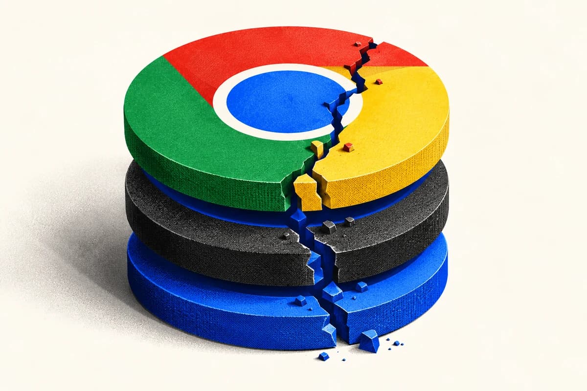 Эмблема Google Chrome разобрана на три слоя, через которые проходит единая линия фрагментации.
