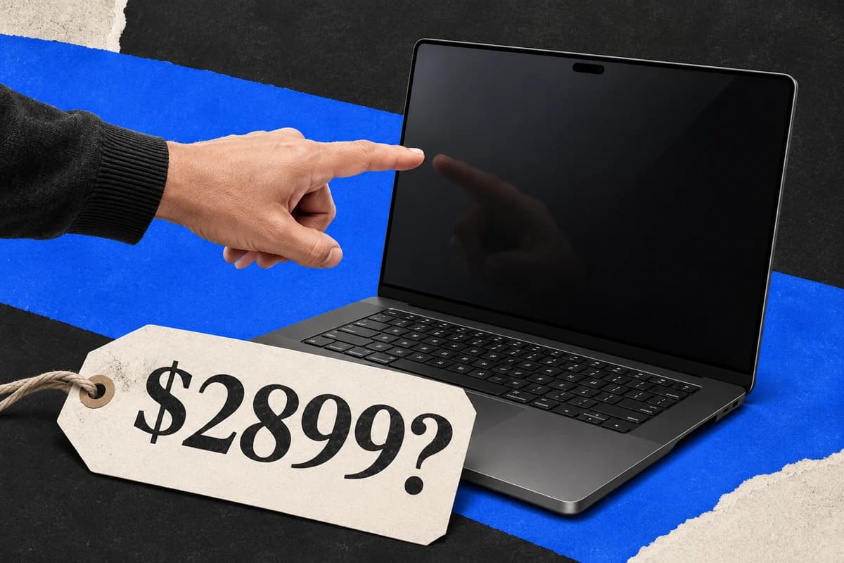 Рука тянется к тёмному экрану MacBook Pro, рядом расположен крупный ценник с надписью «$2899?».