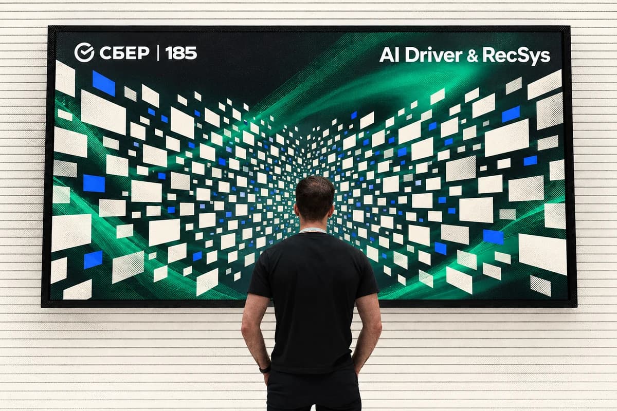 Мужчина со спины смотрит на большой экран AI Driver & RecSys с множеством условных карточек рекомендаций.
