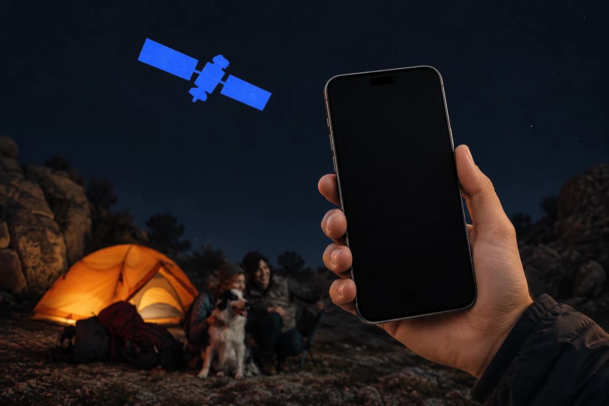 Крупный смартфон в руке туриста на фоне ночной стоянки с оранжевой палаткой и условным силуэтом спутника в небе.