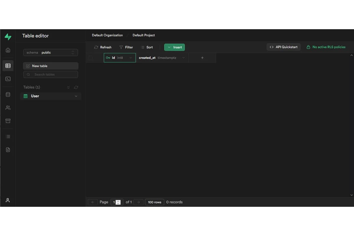 Тёмный интерфейс редактора таблиц Supabase с пустой таблицей User