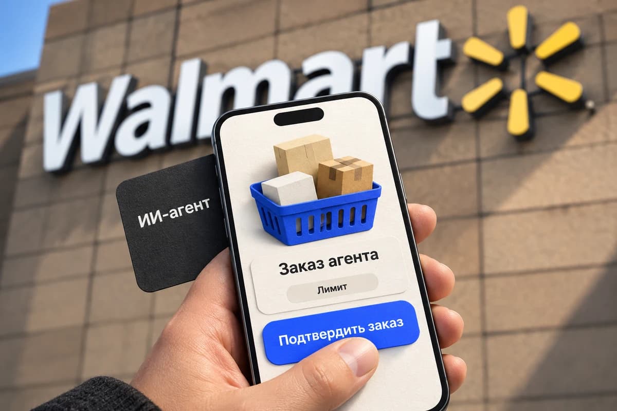 Рука подтверждает заказ агента на смартфоне на фоне вывески Walmart.