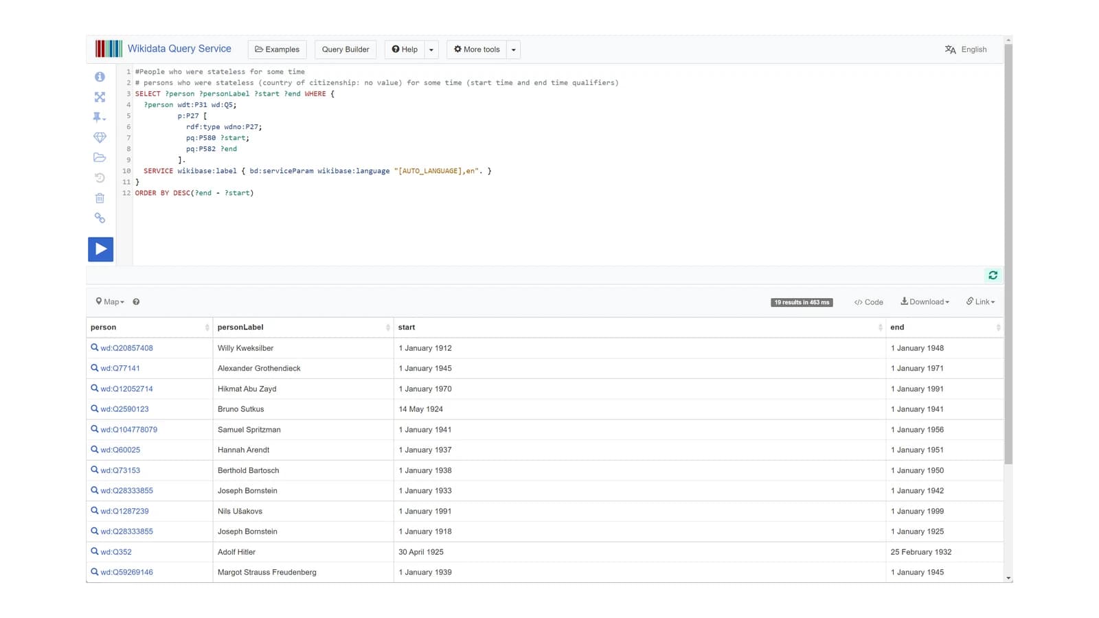 Интерфейс Wikidata Query Service с редактором SPARQL-запроса и таблицей результатов