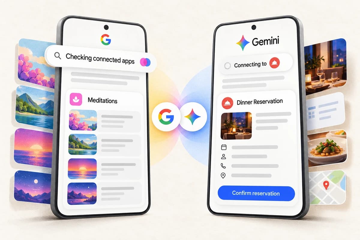 Два стилизованных мобильных экрана Google Search и Gemini с подборкой медитаций и карточкой подтверждения бронирования.