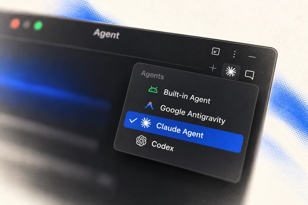 Крупный фрагмент тёмного интерфейса Android Studio с меню выбора агента; выделен Claude Agent, рядом видны Codex и Google Antigravity.
