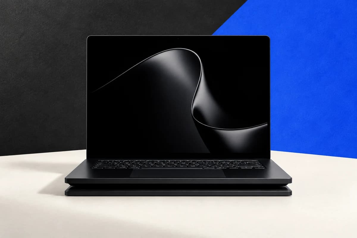 Открытый тёмный Surface Laptop Ultra с чёрными абстрактными обоями на экране и двухъярусным основанием.