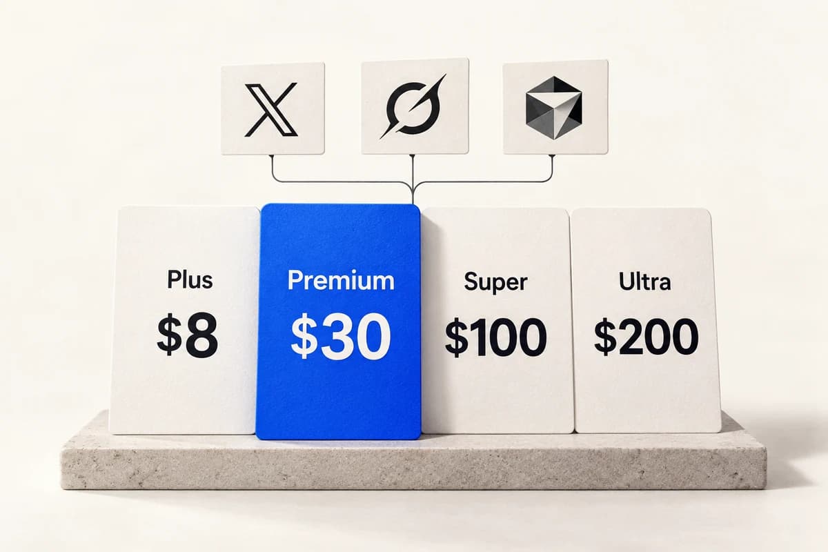 Четыре карточки тарифов Plus, Premium, Super и Ultra под знаками X, Grok и Cursor; тариф Premium за $30 выделен синим.