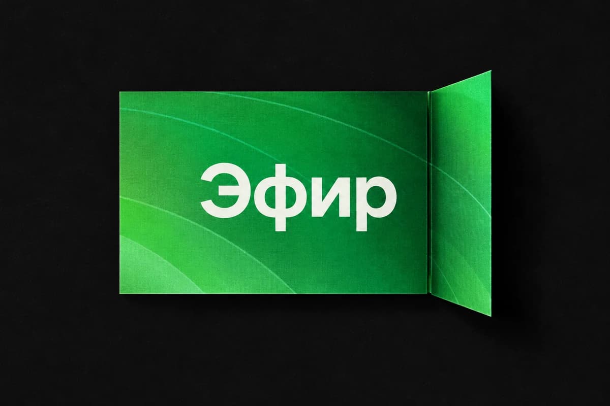 Зелёная плоскость с названием платформы «Эфир» раскрыта с одного края на тёмном фоне.