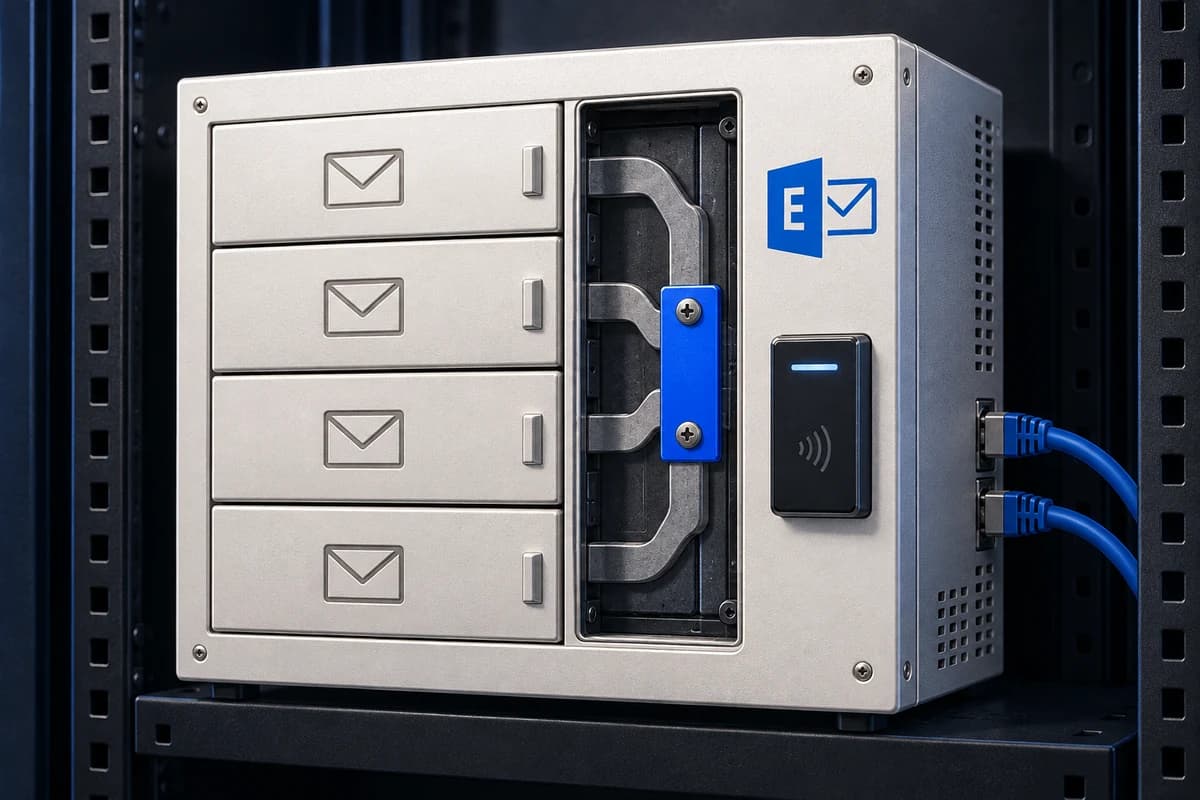 Сервер Microsoft Exchange с четырьмя почтовыми отсеками и синей защитной пластиной, перекрывающей общий механизм доступа.