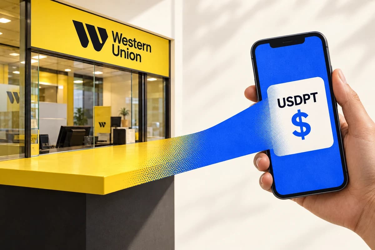 Окно отделения Western Union переходит в смартфон с условной карточкой цифрового актива USDPT.