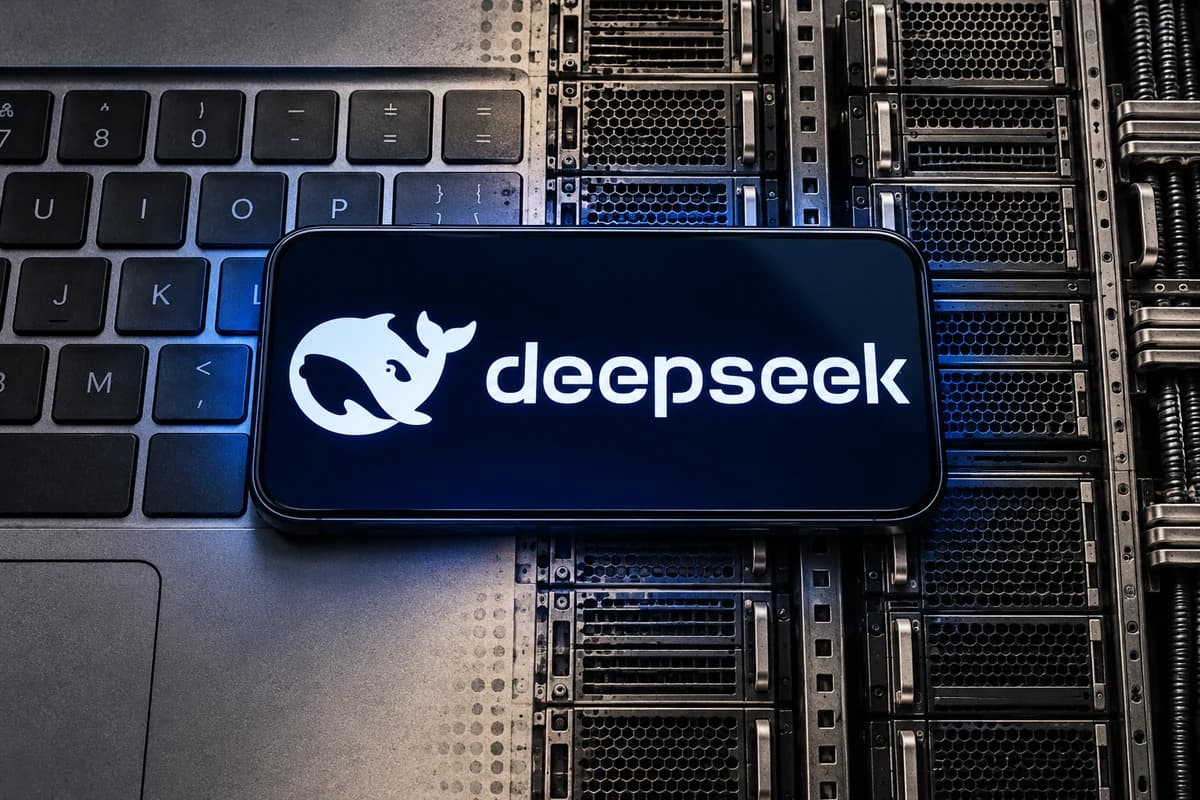 Смартфон с логотипом DeepSeek лежит на границе клавиатуры ноутбука и ряда серверных решёток.