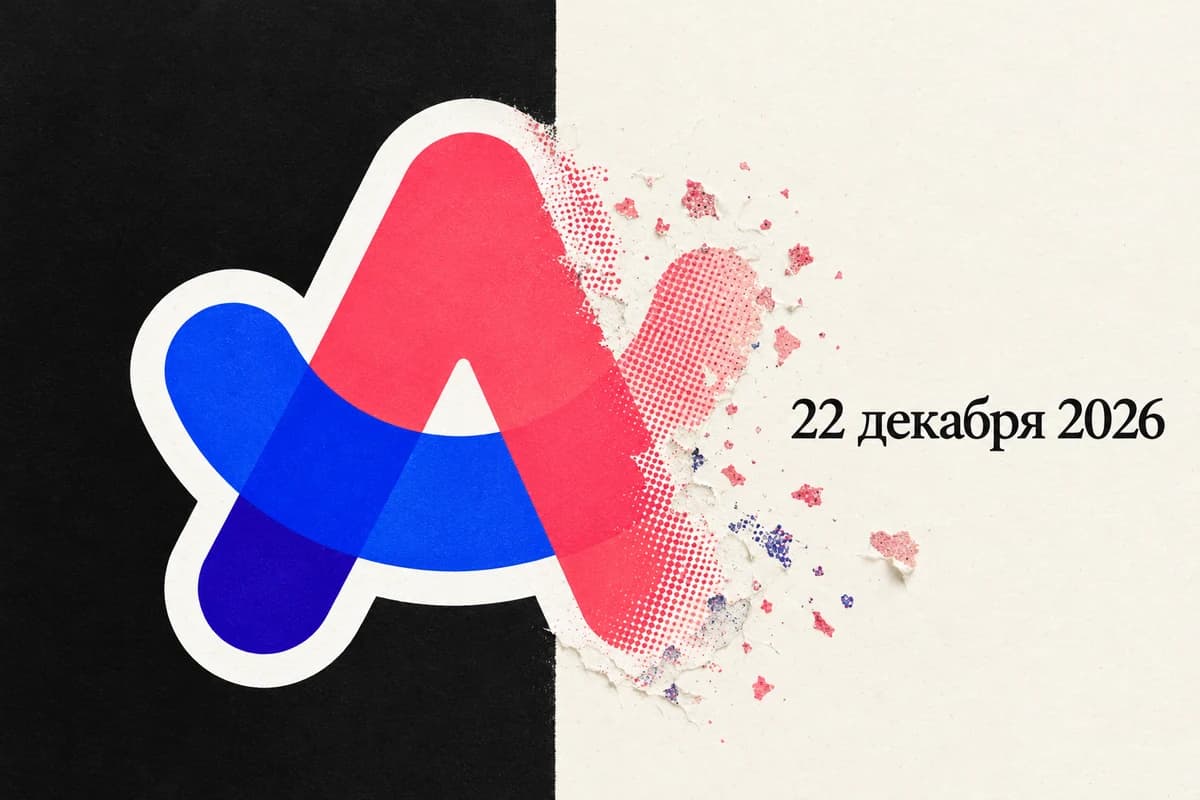 Крупный цветной знак Arc частично растворяется на границе чёрной и тёпло-белой плоскостей рядом с датой 22 декабря 2026 года.