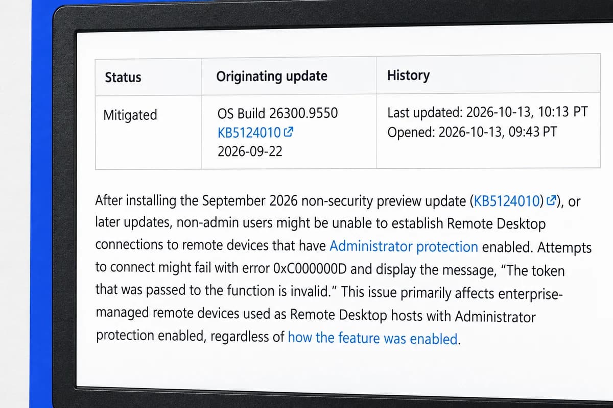 Крупный фрагмент страницы Windows release health со статусом Mitigated, обновлением KB5124010 и описанием ошибки Remote Desktop 0xC000000D.