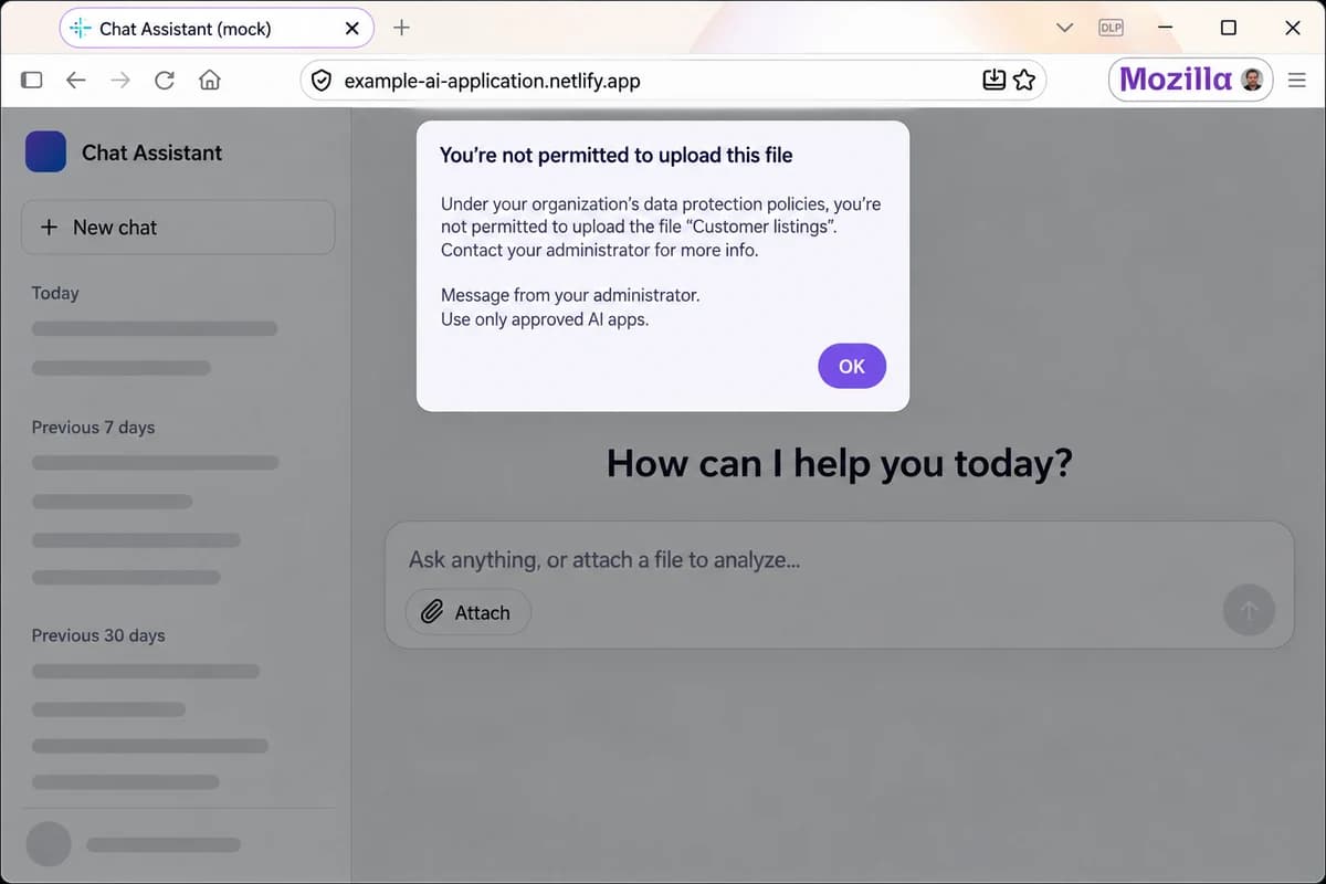 Окно Firefox Enterprise с предупреждением о запрете загрузки файла в демонстрационный чат и видимой кнопкой Attach.