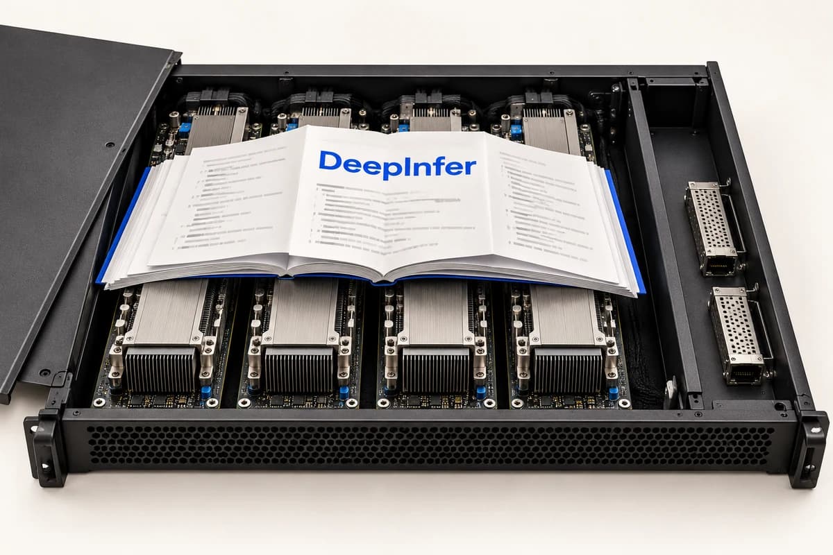 Раскрытые листы с названием DeepInfer лежат над четырьмя модулями ускорителей в открытом серверном шасси; сбоку видны незадействованные разъёмы.