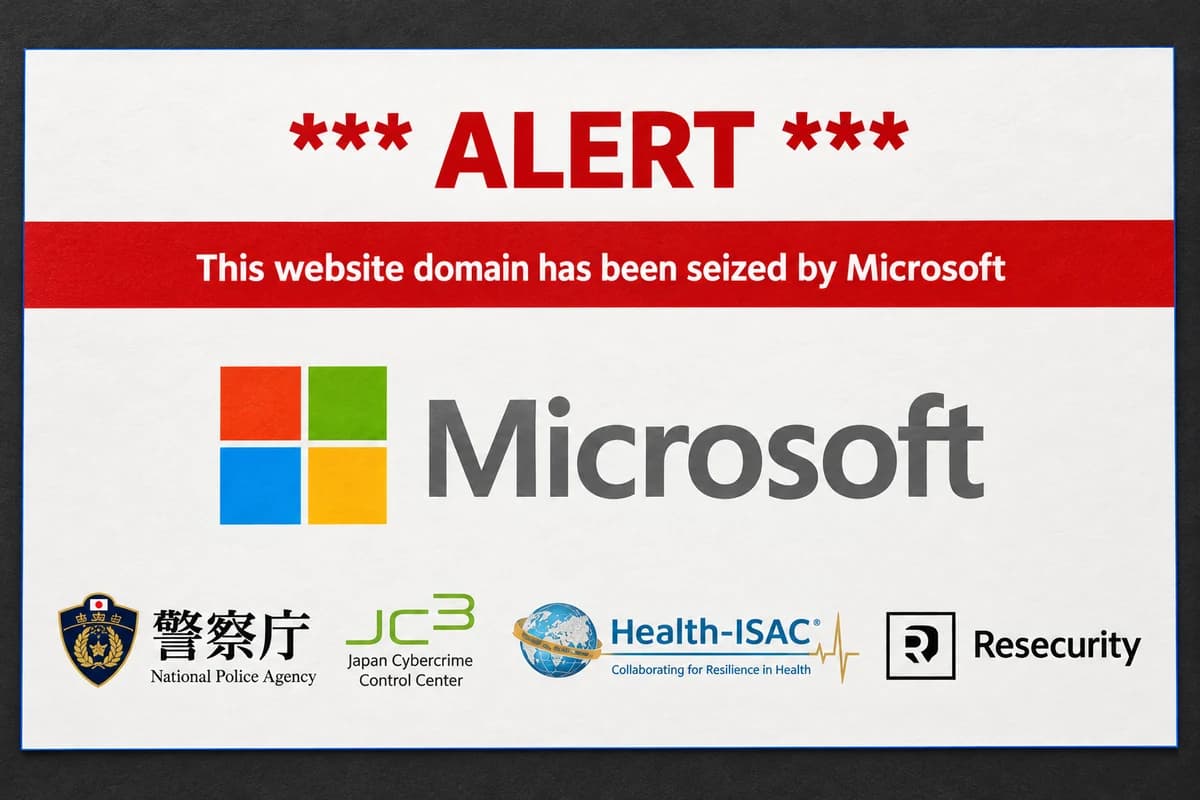 Крупный фрагмент уведомления с красной надписью ALERT, строкой об изъятии домена и логотипами Microsoft и Health-ISAC.