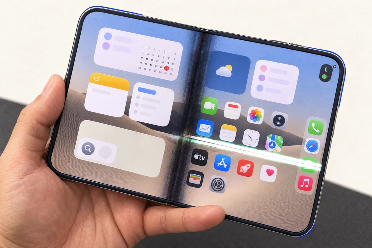 В руке держат раскрытый iPhone Duo с тёмной вертикальной полосой и светлой поперечной линией на внутреннем экране.