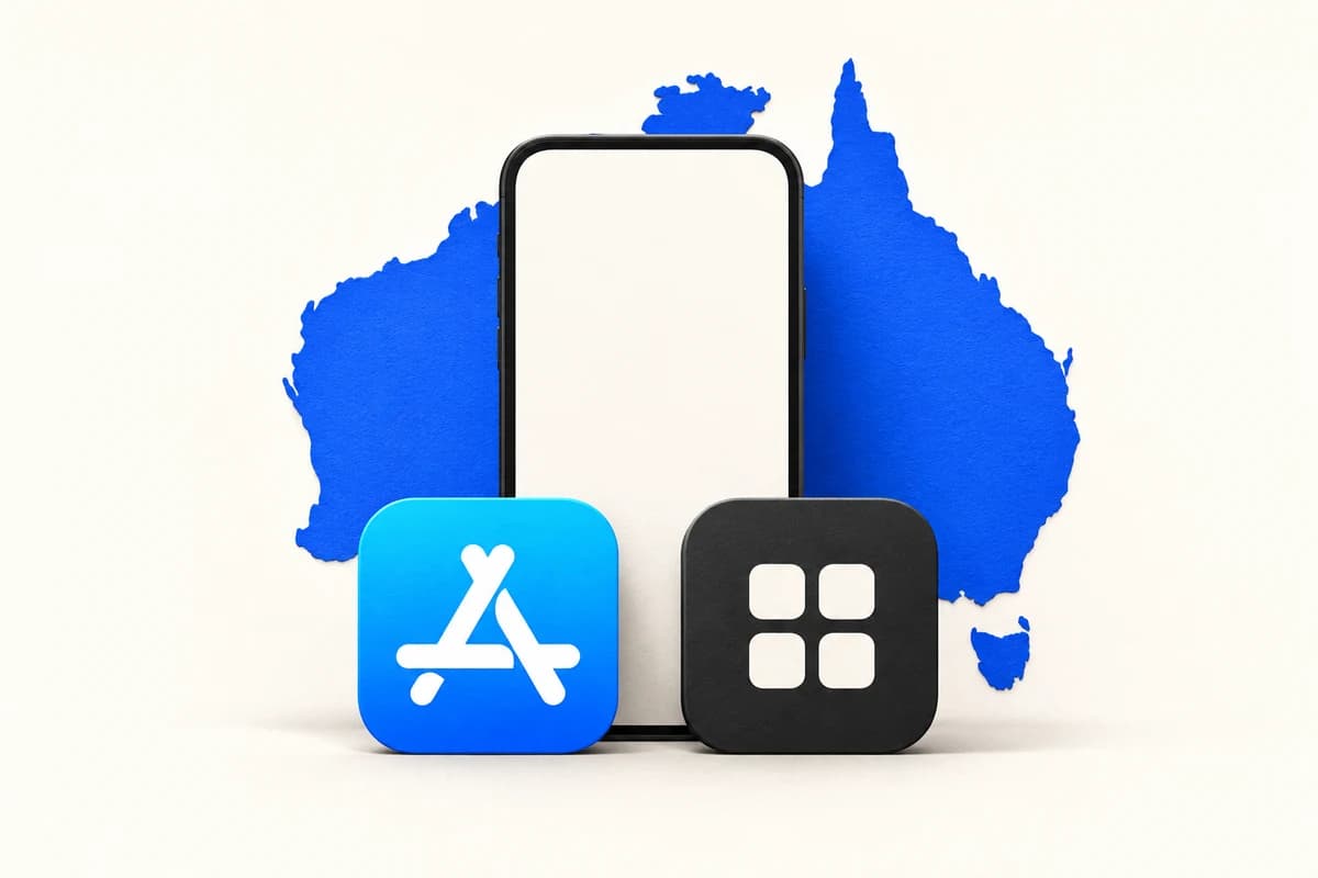Смартфон на фоне синего силуэта Австралии, перед экраном расположены иконка App Store и условная плитка стороннего магазина приложений.