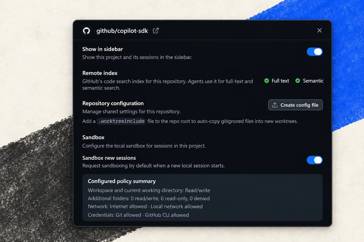 Тёмное окно настроек проекта github/copilot-sdk с включённой песочницей и сводкой разрешений на файлы, сеть и учётные данные.