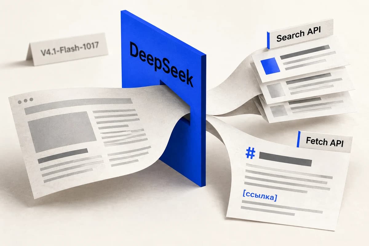 Веб-страница проходит через плоскость DeepSeek и разделяется на карточки Search API и текстовый лист Fetch API.