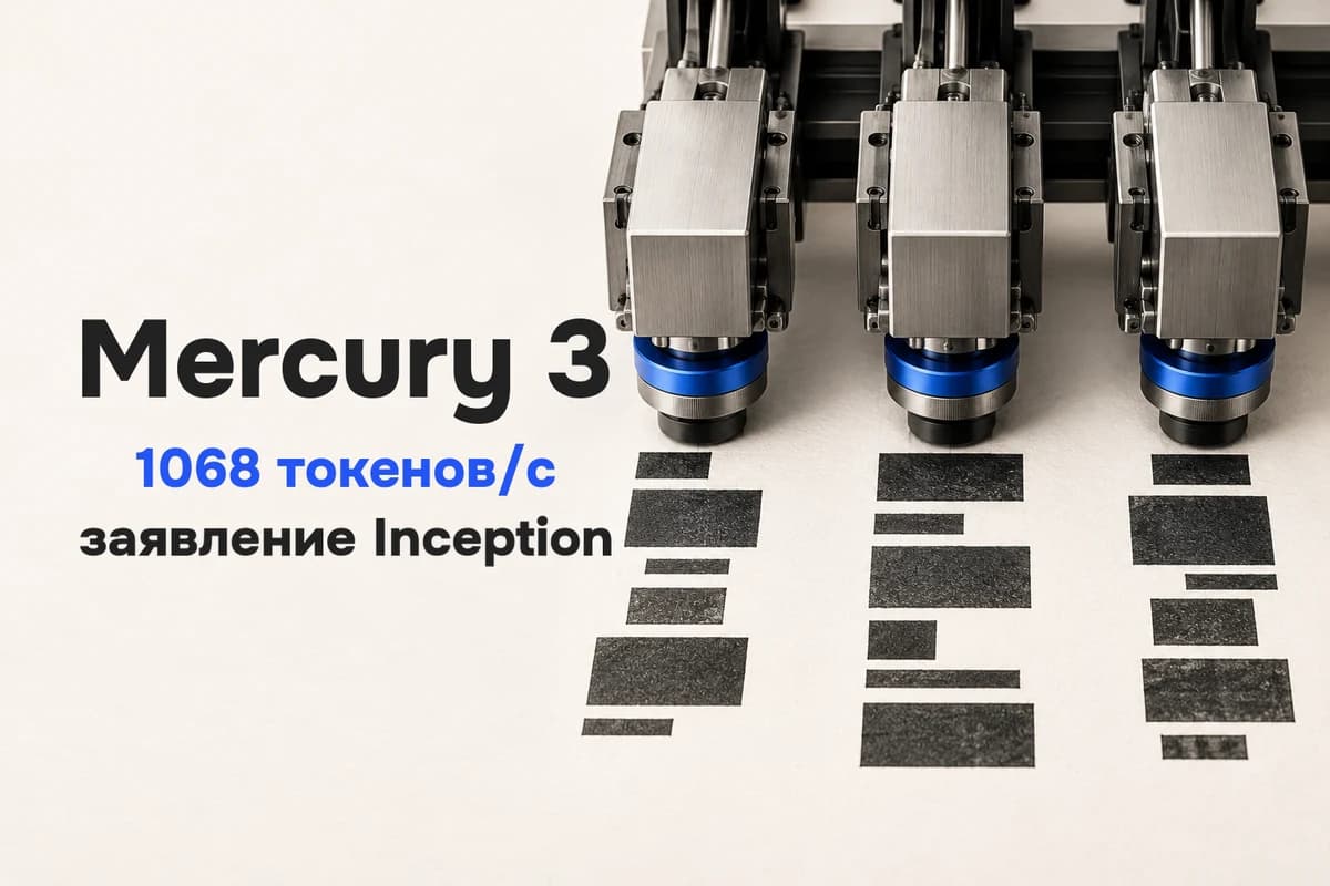 Слева надписи «Mercury 3», «1068 токенов/с» и «заявление Inception», справа три печатающие головки одновременно оставляют раздельные группы чёрных отметок на бумаге.