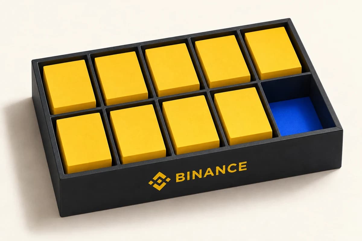 Чёрный резервный контейнер Binance с девятью заполненными жёлтыми секциями и одной пустой.