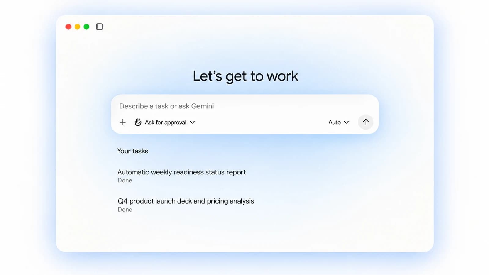 Светлая карточка интерфейса Gemini agent с полем задачи, режимом Ask for approval и пунктом со статусом Done.