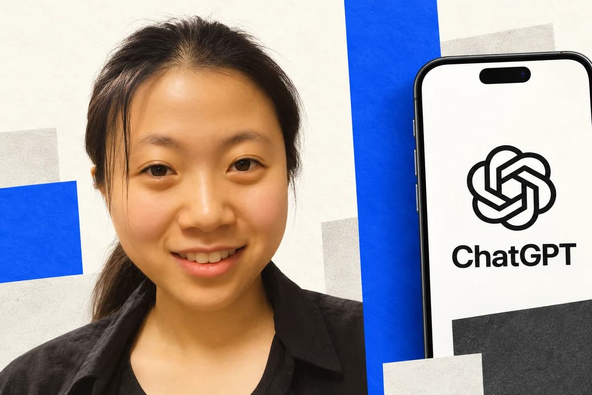 Крупный портрет улыбающейся Боуэн Ван рядом со смартфоном с названием ChatGPT.