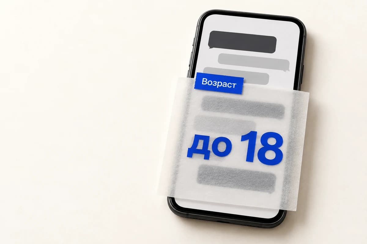 Смартфон с нейтральным ИИ-чатом, частично закрытым полупрозрачным фильтром с отметкой «до 18».