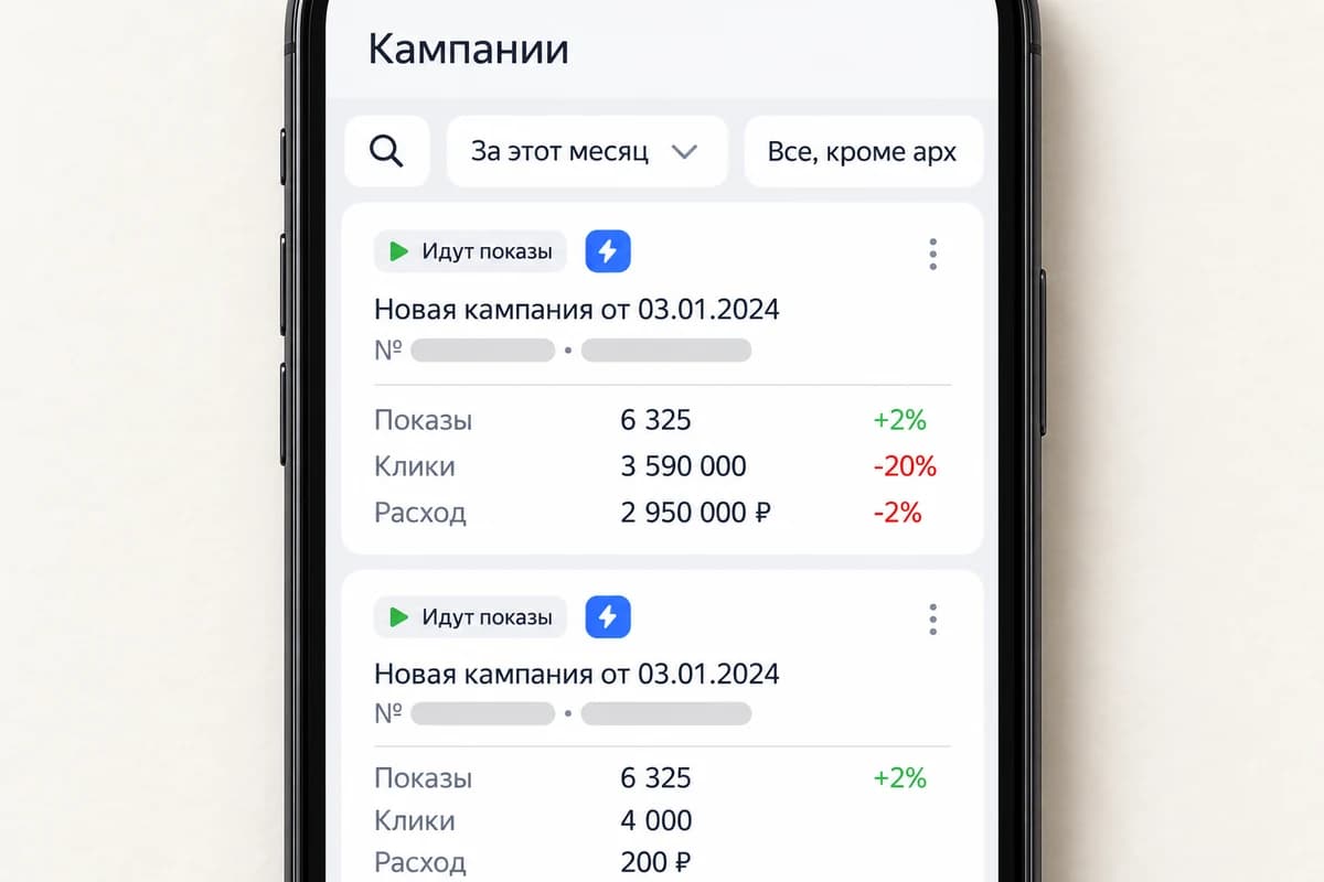 Крупный экран смартфона с разделом «Кампании», двумя активными рекламными кампаниями и числовыми показателями показов, кликов и расходов.