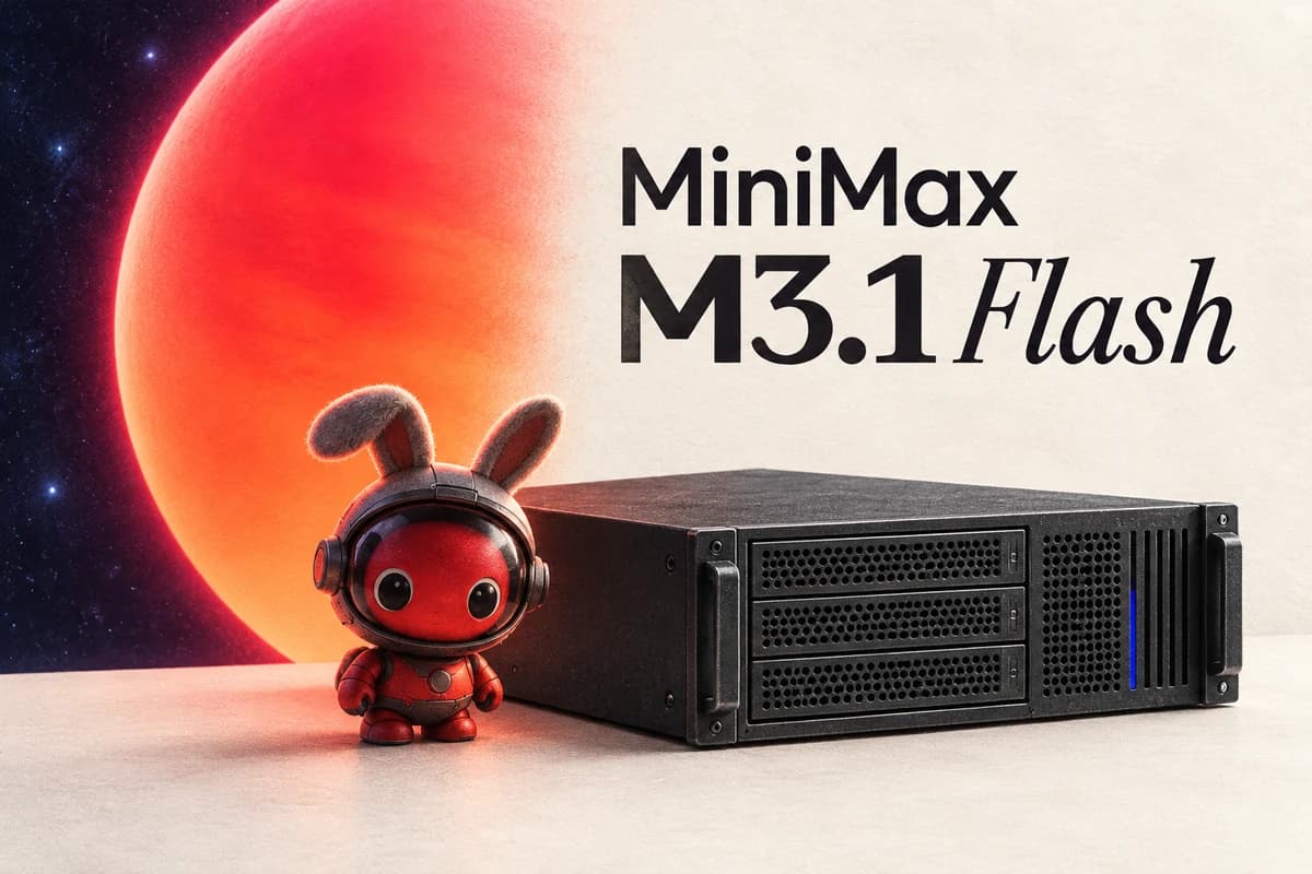 Красно-чёрный робот-маскот MiniMax M3.1 Flash стоит рядом с матово-чёрным сервером на фоне красно-оранжевой планеты.