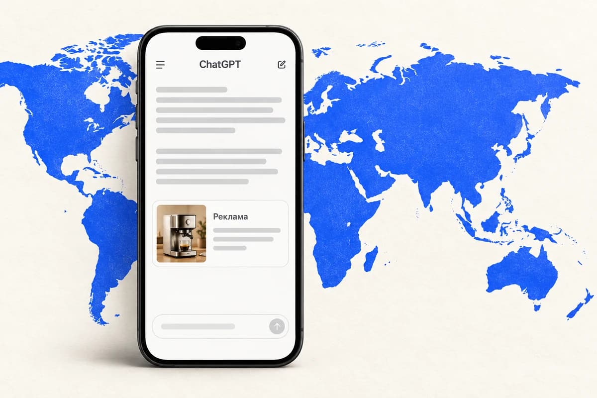 Смартфон с интерфейсом ChatGPT и небольшой карточкой «Реклама» под ответом на фоне синей карты мира.