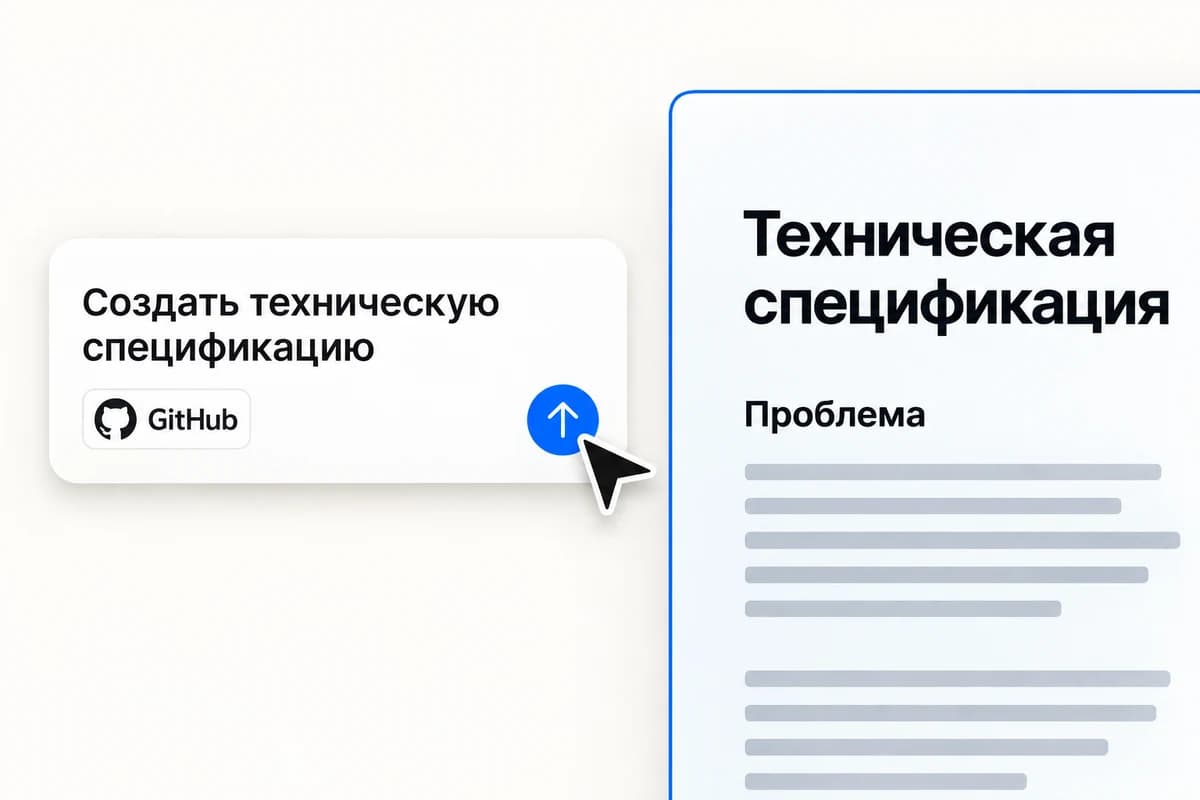 Карточка запроса к агенту с бейджем GitHub, кнопкой отправки и открытым документом технической спецификации.