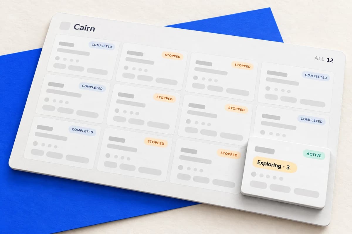 Светлая панель Cairn с сеткой проектов и приподнятой карточкой Active с надписью Exploring · 3.