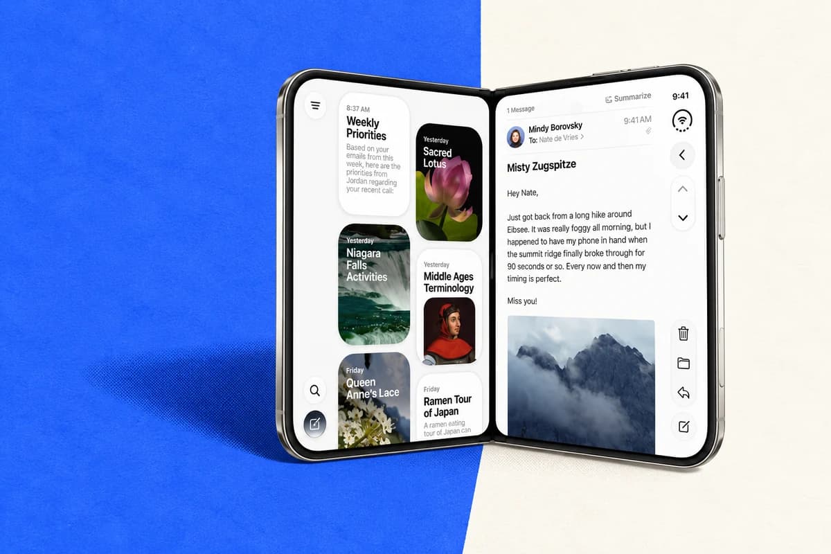 Раскрытый складной iPhone Duo с карточками слева и письмом с фотографией гор справа