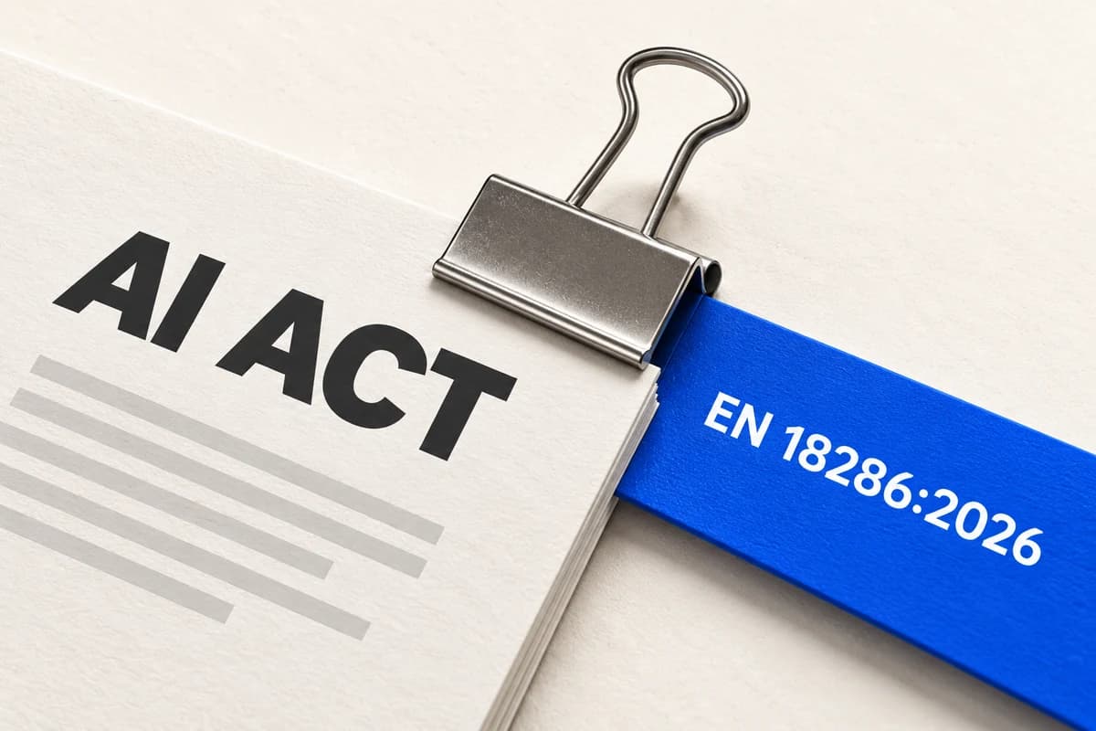 Документ с надписью AI ACT соединён металлическим зажимом с синей карточкой EN 18286:2026.
