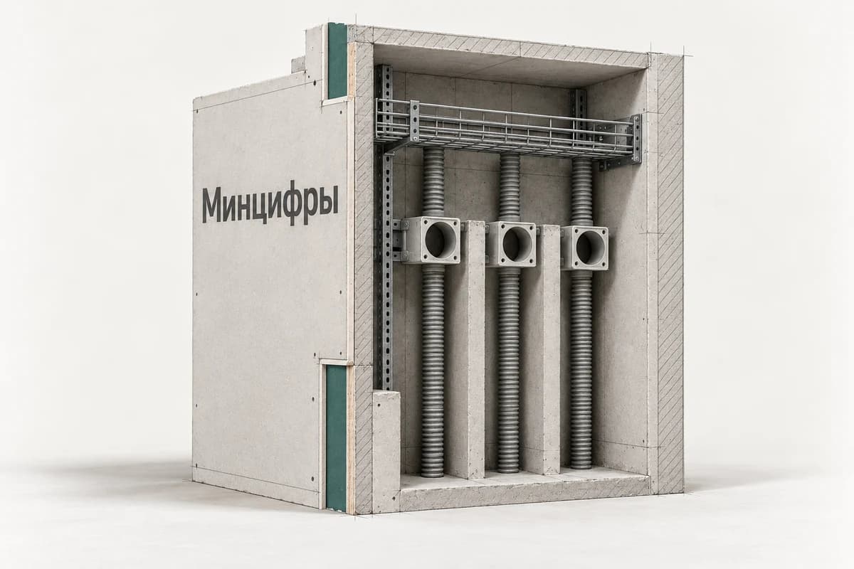 Макет слаботочной ниши новостройки с тремя пустыми каналами для сетей независимых операторов.