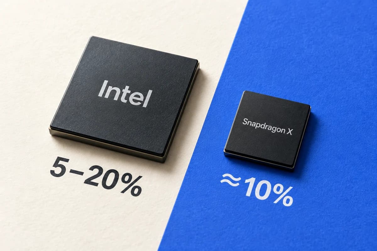 Два условных процессора Intel и Snapdragon X рядом с отметками роста цен 5–20% и около 10%.