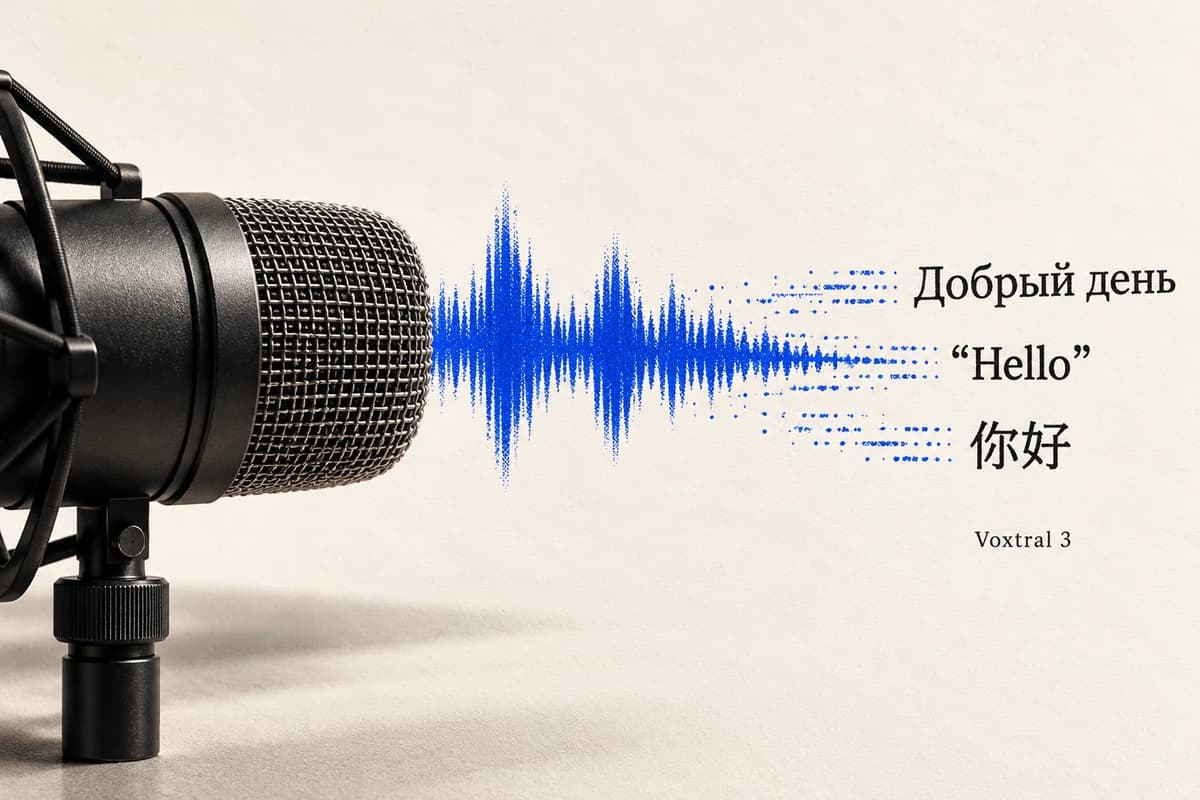 Студийный микрофон и синяя звуковая форма, переходящая в строки многоязычной транскрипции с русской фразой «Добрый день».