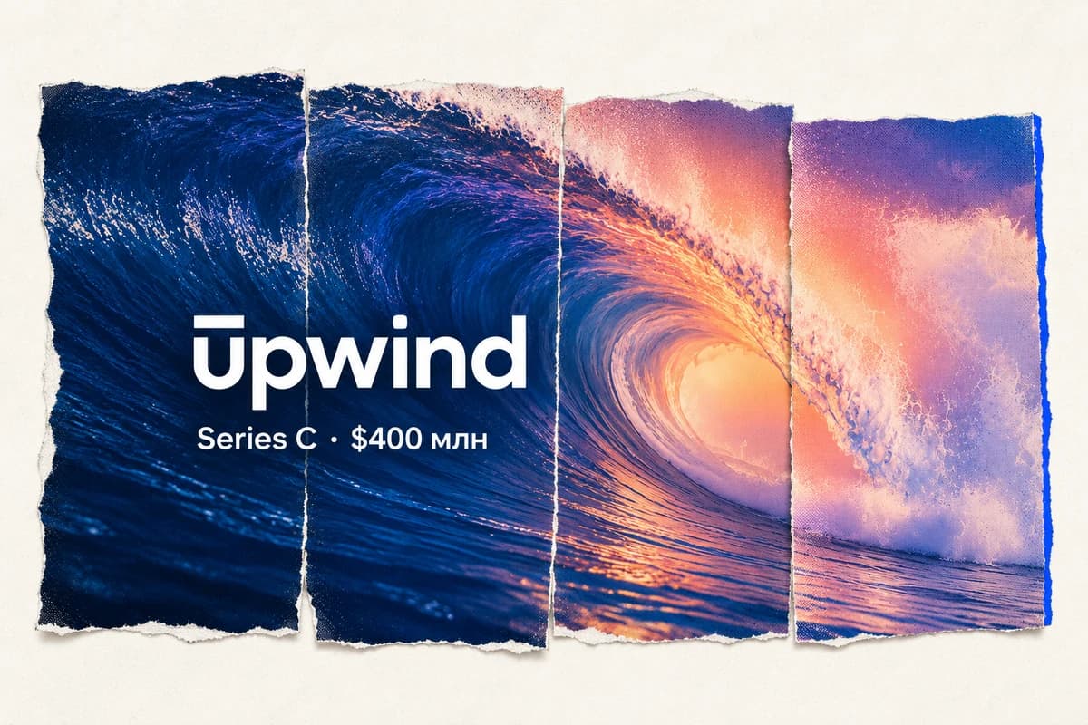 Волна Upwind собрана из четырёх печатных фрагментов, причём четвёртая часть визуально присоединена к остальным; рядом указано «Series C · $400 млн».