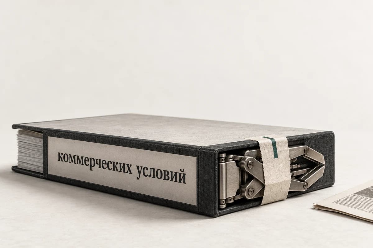 В папку коммерческих условий встроен сложенный и временно опломбированный захват краулера рядом с газетной полосой.