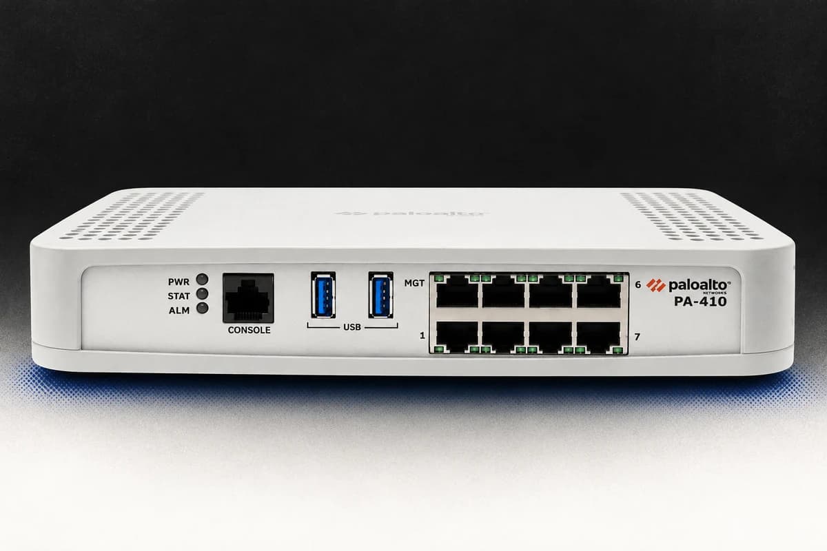 Крупный план белого межсетевого экрана Palo Alto Networks PA-410 с портом MGT, двумя USB-разъёмами и восемью сетевыми портами.