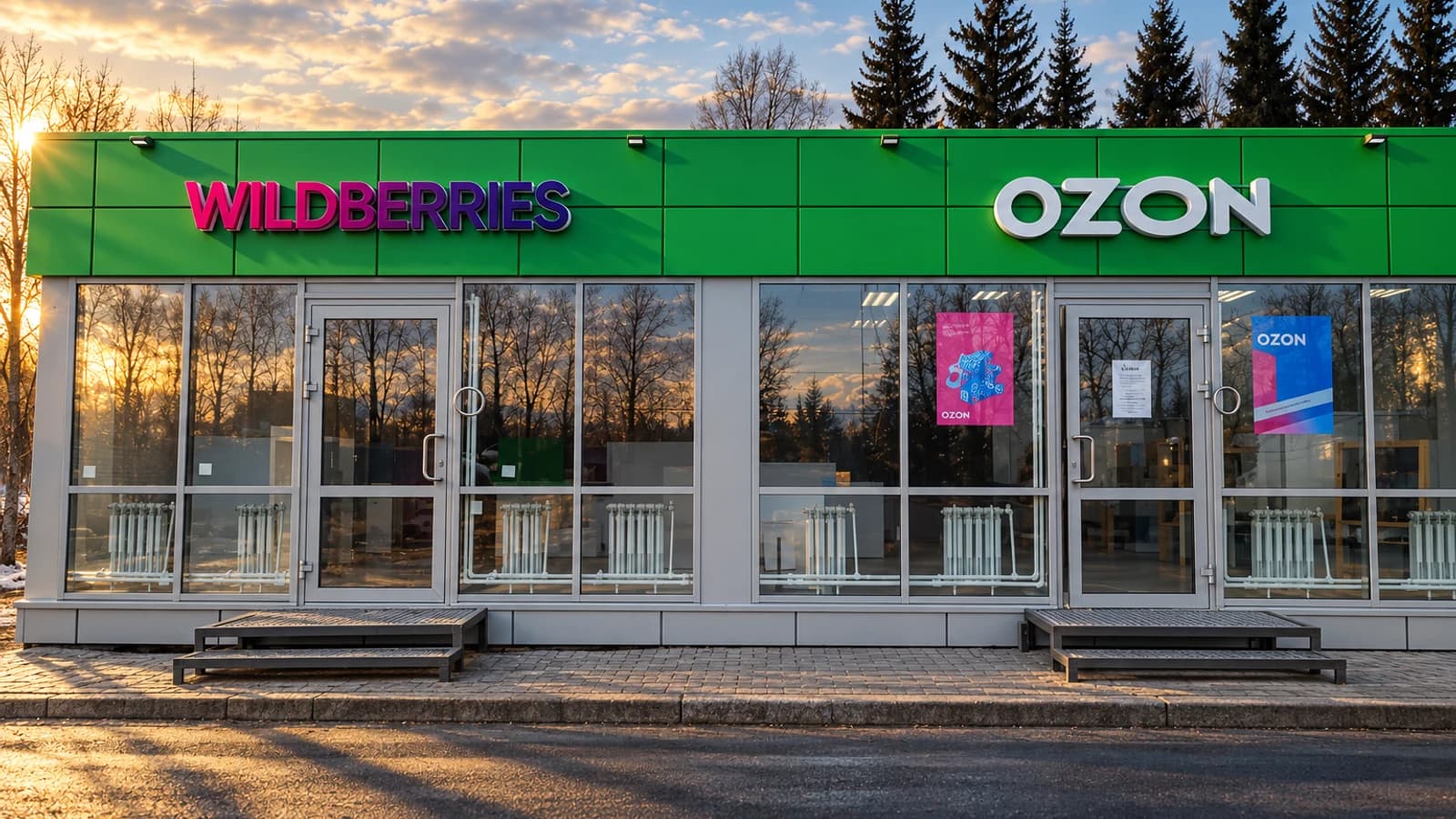 ИИ-иллюстрация: Фасад пунктов выдачи с обеими вывесками Ozon и Wildberries